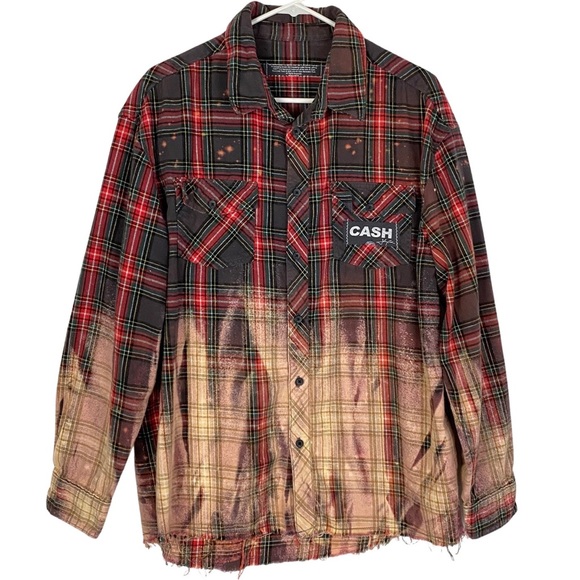 Johnny Cash Flannel Shirt Bleached Plaid Mens Unisex Size Large Handmade EUC - Picture 2 of 14